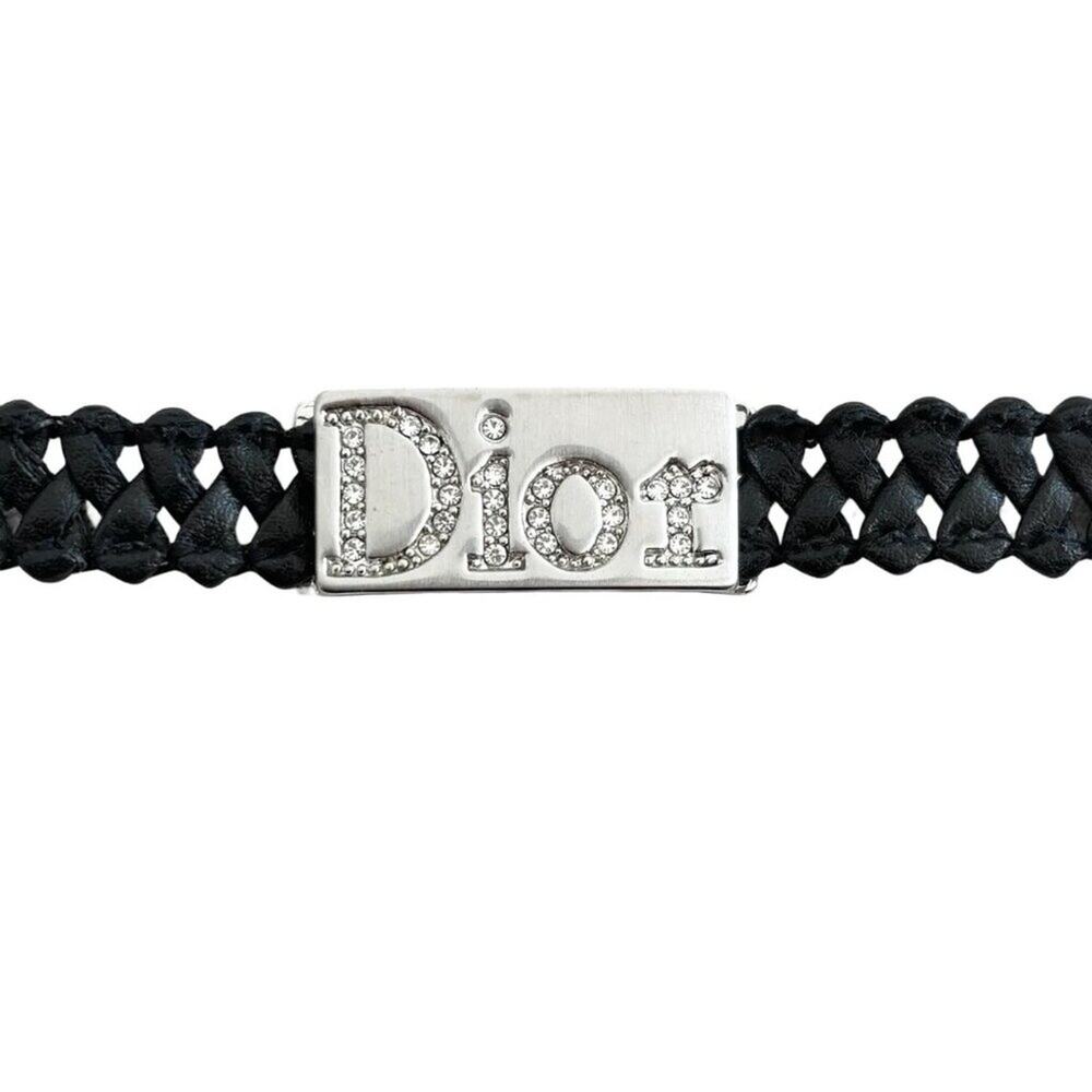 VTG CHRISTIAN DIOR Rhinestone Logo Plate Bracelet Woven Leather Band  Y2K